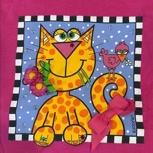 Vintage 90s Zoodles Kids cat & bird short sleeve pink tee shirt Top size 14 euc